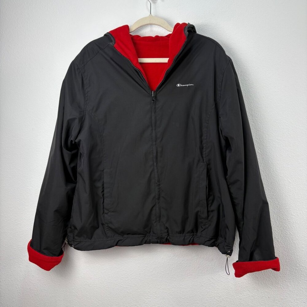 Vintage Champion‎ Black Red Reversible Hooded Jacket Fleece Lining Zip-Up Large